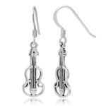 925 Sterling Silver Cut Open Violin Viola Musical Instrument Dangle Hook Earrings