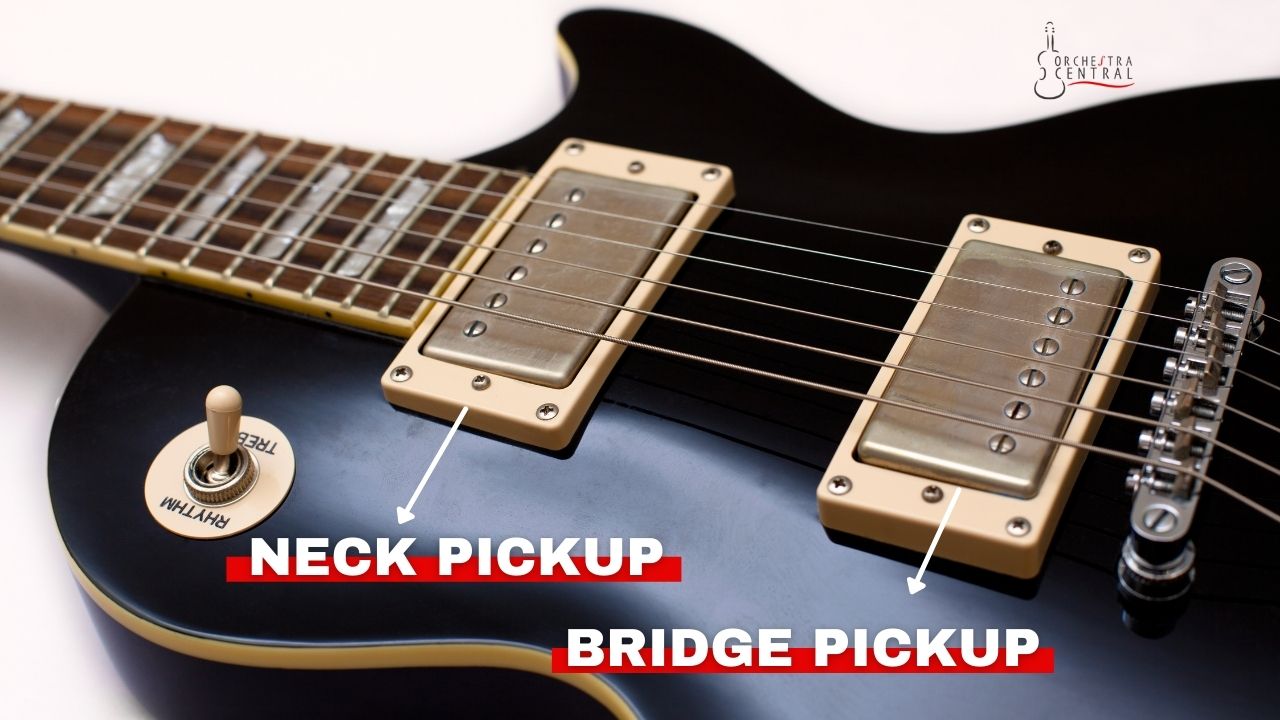 Picture showing the location of neck pickup vs bridge pickup